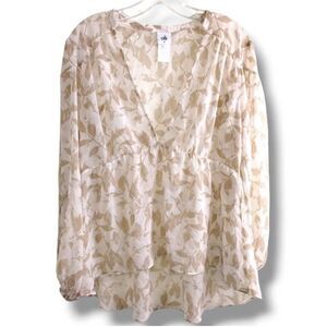 CABI White Tan Blouse Flowing SemiSheer
Chiffon LS Full Puffed Sleeves Deep VNec